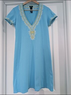 Vintage Moda International Blue Ribbed Embroidered Boho Mini Dress Size Large